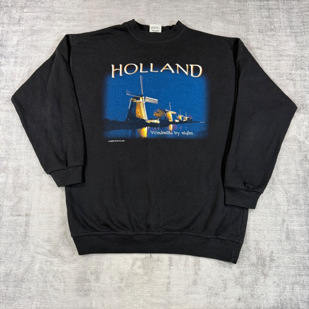 Vintage Holland Sweatshirt Mens XL Black Windmills at Night Kemme Edam Holland